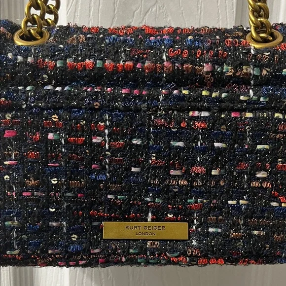 💥Kurt Geiger Tweed Handbag with Black, Red, Blue and Gold Sequins and Gold Chain - Picture 4 of 5